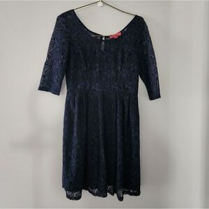 BETSEY JOHNSON WOMEN Sz8 LACE ILLUSION YOKE 3/4 SLEEVE DRESS BLUE NAVY